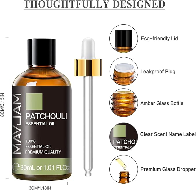 MAYJAM Patchouli Essential Oil, 1.01FL.OZ Essential Oils, Use with Diffuser, During Yoga, Massage, Bath, Patchouli Oil(30ml) - Bloomnest