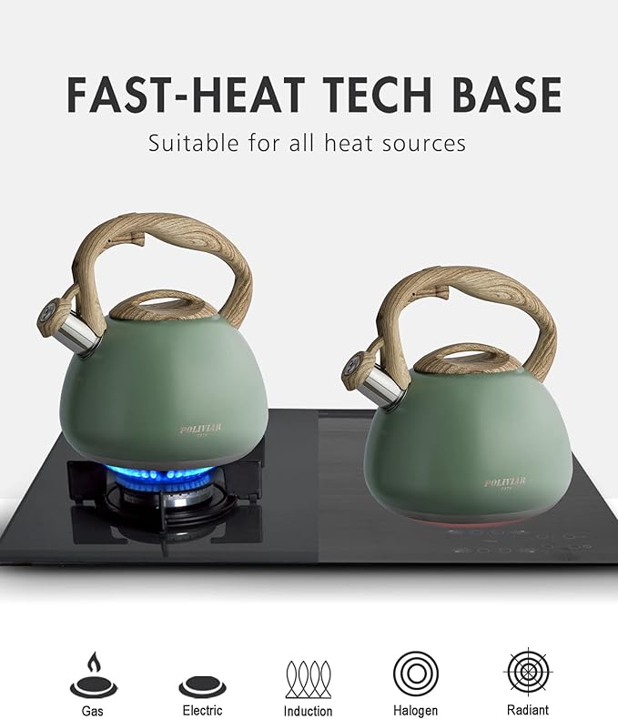 Poliviar Tea Kettle, 2.7 Quart Seaweed Green Finish with Wood Pattern Handle Loud Whistle Food Grade Stainless Steel Teapot, Anti-Hot Handle and Anti-Rust, Suitable for All Heat Sources (JX2020-SB30) - Bloomnest