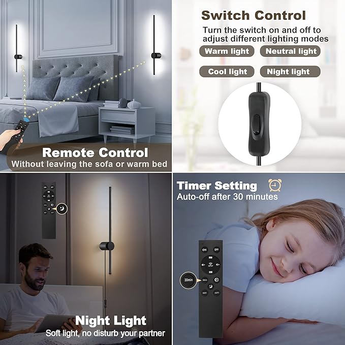 Wall Sconces Set of Two with Remote, Stepless Colors 3000K-6500K & Stepless Dimming, Hardwire or Plug-in, 180° Rotate, LED Black Plug in Wall Sconces with Timer & Night Light, 23.6 Inches - Bloomnest
