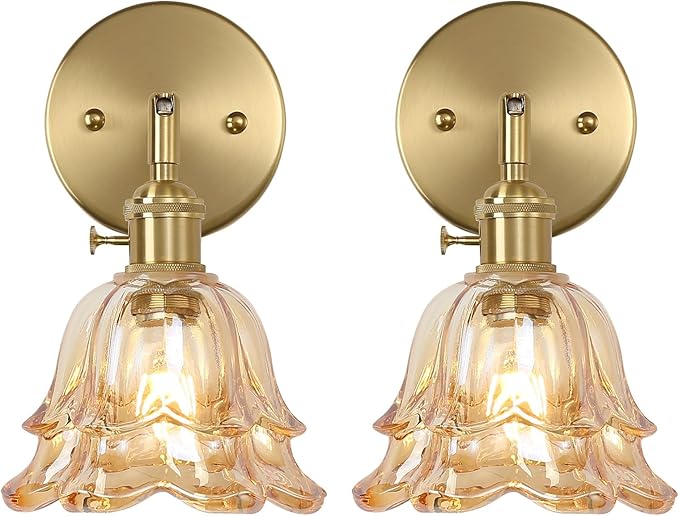 Vintage Wall Sconces Set of 2, Rose Amber Lampshade & 180 Degree Adjustable, Brass Wall Lights, for Bedroom Living Room Hallway Aisle, Bulbs Not Included, ETL Listed - Bloomnest