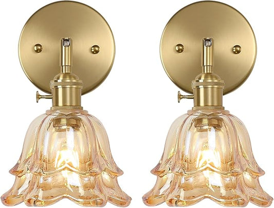 Vintage Wall Sconces Set of 2, Rose Amber Lampshade & 180 Degree Adjustable, Brass Wall Lights, for Bedroom Living Room Hallway Aisle, Bulbs Not Included, ETL Listed - Bloomnest