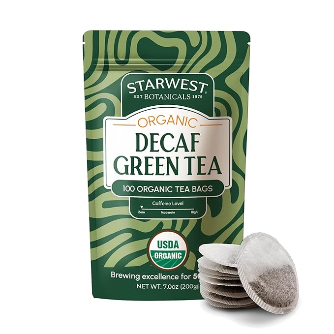 Starwest Botanicals Organic Decaf Green Tea - Decaffeinated Herbal Tea, Caffeine Free Tea with Antioxidant Properties, USDA Organic Green Tea Leaf, Non GMO - Bulk Pack, 100 Tea Bags - Bloomnest