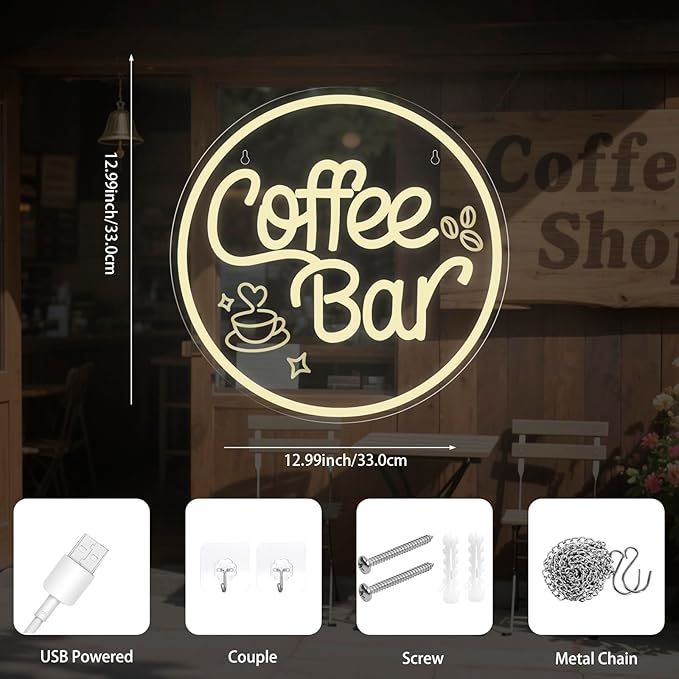 Coffee Bar Neon Sign for Wall Decor Dimmable LED Neon coffee Light Up Sign for Coffee Station, Cafe Shop, Restaurants, Kitchen Party Decoration Gifts(12.99 * 12.99inches) - Bloomnest