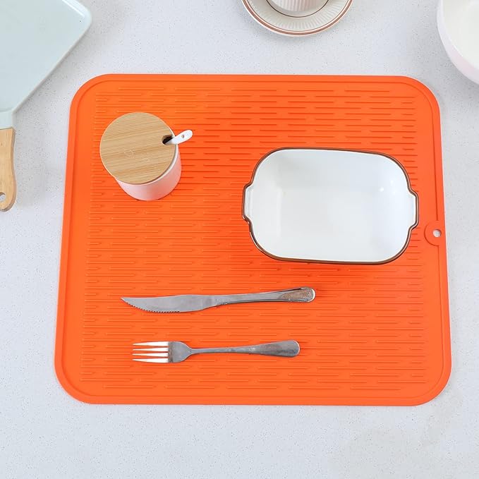 Silicone Dish Drying Mat for Multiple Usage,Easy clean,Eco-friendly,Heat-resistant Silicone Mat for Kitchen Counter or Sink,Refrigerator or Drawer Liner Orange XL 18 inches x 16 inches - Bloomnest