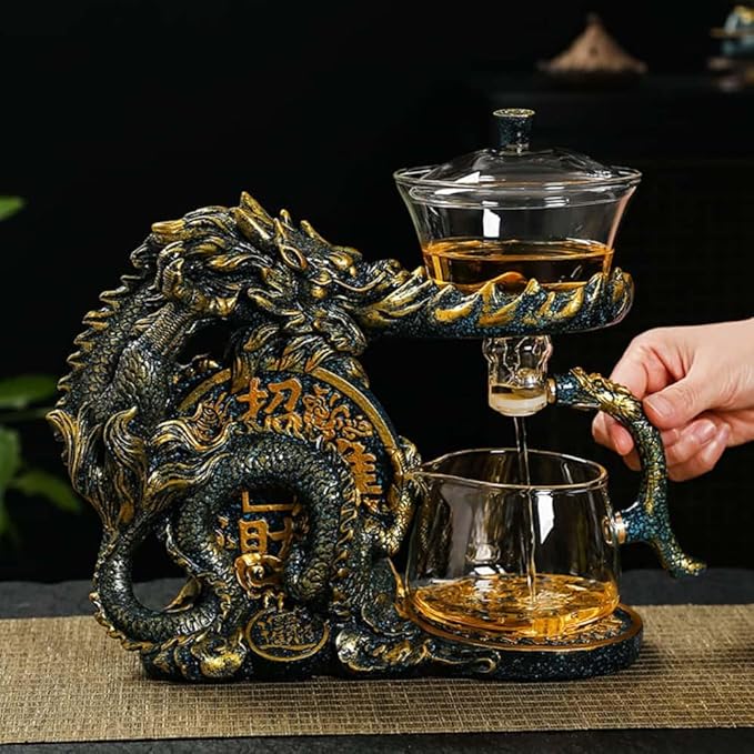 Glass Teapot Set with Infuser Semi Automatic Dragon Tea Set with 6 Small Cups (blue golden dragon-b) - Bloomnest