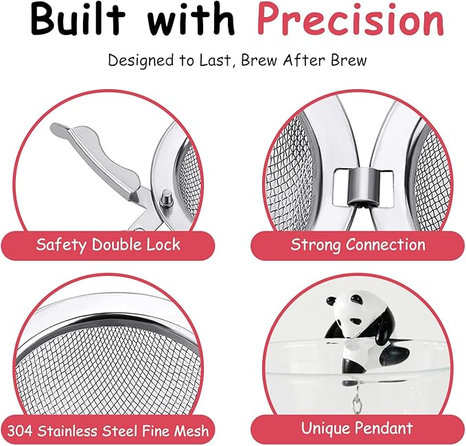 Calico Cat Tea Infuser Set - Adorable Tricolor Kitty Hook, Fine Mesh Loose Leaf Tea Steeper, Stainless Steel, No Mess, 1 Pack (Panda Climbing the Cup Edge)