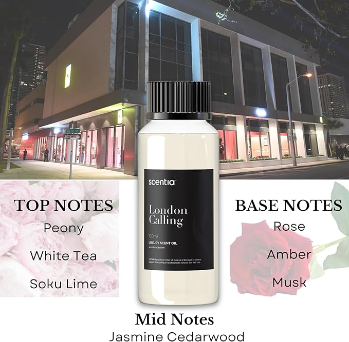 Scentia Hotel Diffuser Oil Inspired by Ferrari - 120 ml 4.06 fl oz - Fragrance Oil Blend White Tea, Cedarwood & Soku Lime for Aromatherapy Diffusers and Humidifiers - London Calling, Mothers Day Gift Scentia