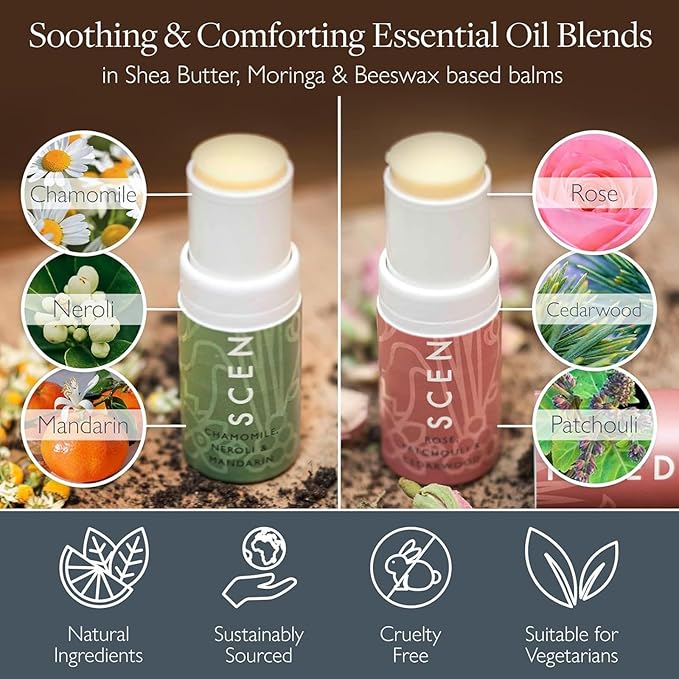 Scentered Aromatherapy Balm Stick Duo for Stress-Relief & Emotional Balance - Roll On Essential Oil Blends of Rose & Chamomile - Aromatherapy Gifts for Women - De-Stress & Love - Bloomnest