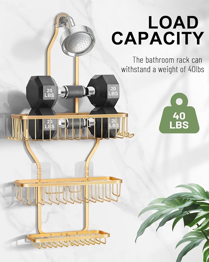 Shower Caddy Hanging - Never Rust Shower Hanging Organizer - Aluminum Over the ShowerHead Caddy with Soap Basket and 6 Razor/Sponge Hooks (Gold) - Bloomnest