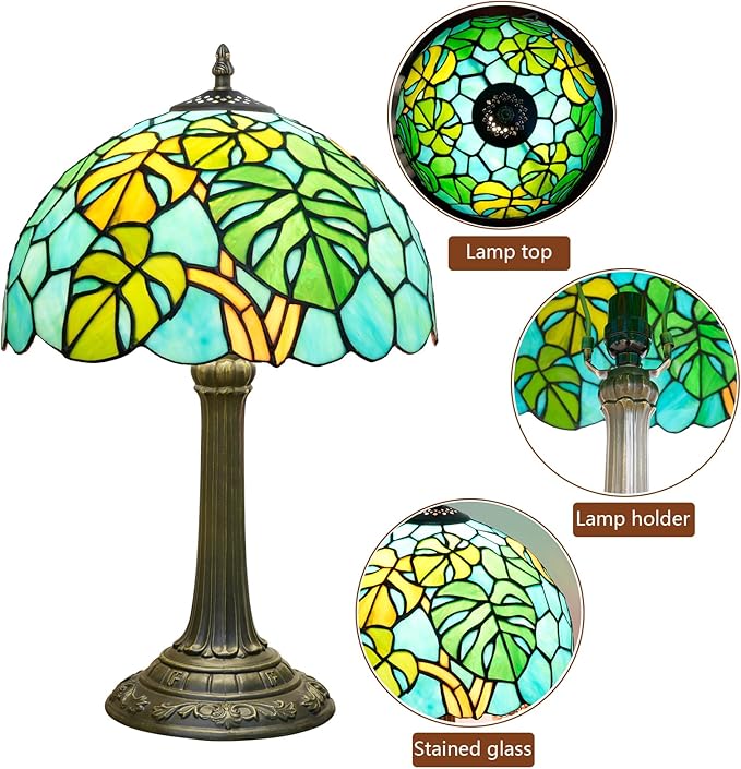 Tiffany Lamp Monstera Deliciosa Style Stained Glass Table Lamp Vintage Monstera Swiss Cheese Plant Bedroom Bedside Light for Home Dorm Office Art Craft Antique Decor 12x12x19 Inches - Bloomnest