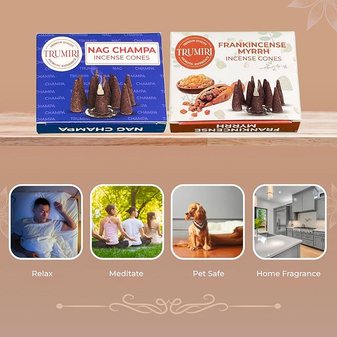 TRUMIRI Incense Cones - Combo Pack of 20 Cone Incense - Nag Champa & Frankincense Myrrh TRUMIRI
