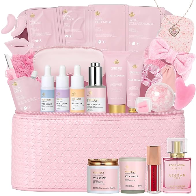 Rose Facial Skin Care Set, 33 Pcs Bath & Body Spa Basket for Women, Beauty Care Kit, Sheet Mask, Makeup Bag, Face Serum, Bath Bomb, Perfume, Christmas, Mother Day, Valentine's, Birthday, Baby Shower - Bloomnest