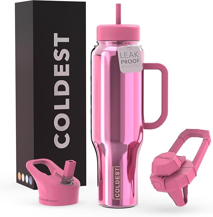 Coldest Tumbler with Handle and Straw - 100% Spill Proof Tumbler with Straw (3 Lids) - Stainless Steel Insulated Leakproof Tumblers for Women & Men - 46 oz (Pink Reflections) - Bloomnest