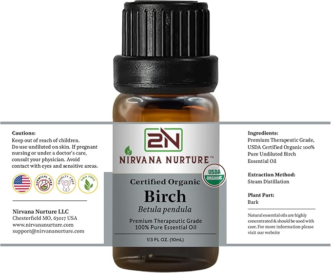 Birch Essential Oil, USDA Certified Organic, 100% Pure Undiluted, Aromatherapy Oil for Diffuser, Hair & Skin Care NirvanaNurture