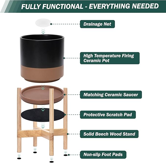 D'vine Dev Ceramic Planter with Natural Stand - 8 Inch Modern Round Flower Pot with Wood Planter Holder, Black/Speckled Tan, 55-B-N-7 - Bloomnest
