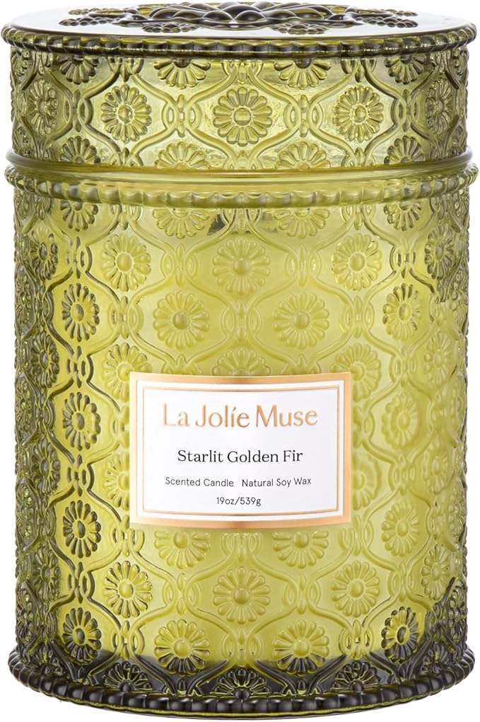 LA JOLIE MUSE Christmas Candles, Starlit Golden Fir Candle – Pine, Cedarwood, Fir Balsam | 19 oz Large Wooden Wick Candle | Natural Soy Wax | 90 Hours Clean Burn | Gift-Ready for Hosts & Gatherings - Bloomnest