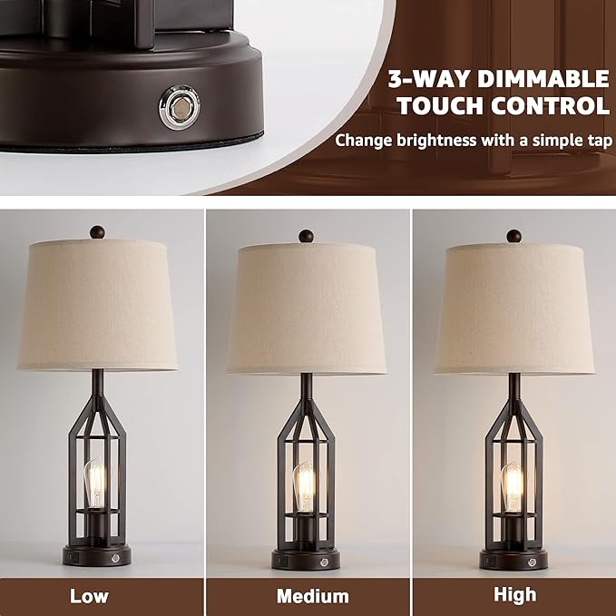 28" Living Room Lamps Set of 2, Farmhouse Table Lamps for Bedroom with USB A+C Ports, Touch Lamps for Nightstand End Tables, 4 Bulbs Included - Bloomnest