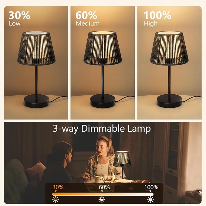 Touch Boho Lamp Dimmable, 3-Way Bedside Table Lamp 14.2", Rope Light for Bedroom Nightstand Farmhouse, Bulb Included, 2 Packs (Black) - Bloomnest