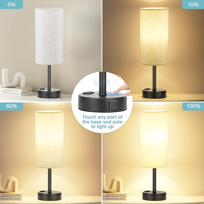 Light Beige Table Lamp for Nightstand - 3 Way Dimmable Bedside Lamp for Bedroom with USB C A Charging Ports and AC Outlet, Small Desk Lamp with Black Base for Living Room, Office, LED Bulb Included - Bloomnest