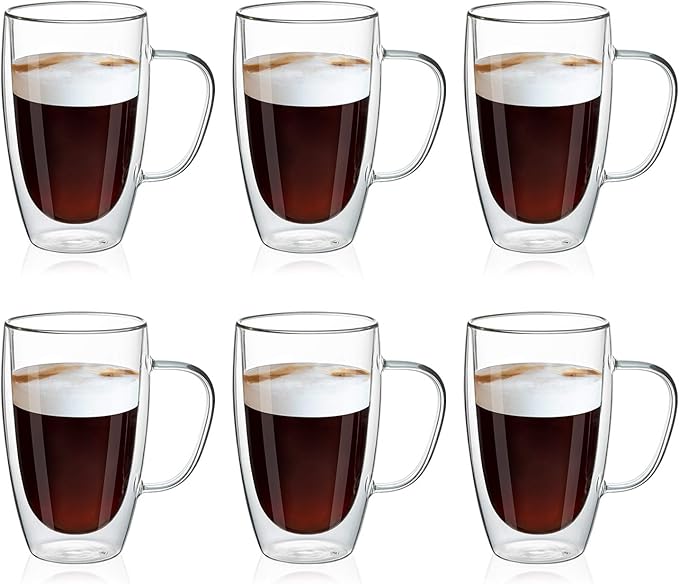 MEWAY 16oz/6 pack Coffee Mugs, Thickened Clear Glass Double Wall Cup with handle for Coffee, Tea, Latte, Cappuccino (16 oz，6) - Bloomnest