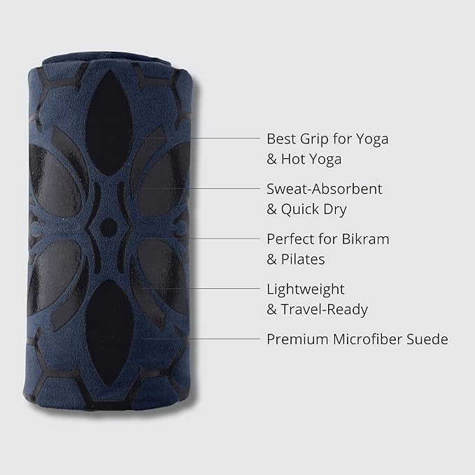 Clever Yoga Hot Yoga Mat Towel – Non-Slip Grip for Hot Yoga, Sweat Absorbent, Honeycomb Silicone Grip, Stays Flat – Ideal for Pilates, Travel, Washable & Lightweight - Dark Blue