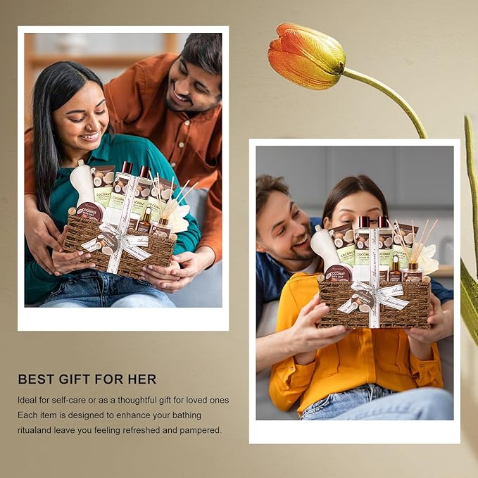 Spa Gift Baskets for Women, Coconut Bath Gift Set for Women Include Bubble Bath, Shower Steamers, Bath Salt. Bath and Body Spa Kit, Mom Birthday Gifts from Daughter, Birthday Gift Basket for Mom