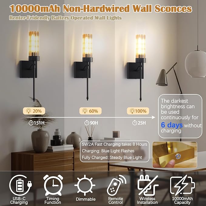 Battery Operated Wall Sconce Set of Two with Remote, Black Rechargeable Wireless Wall Lights, Sconces Wall Decor Set of 2 Dimmable 2700K Battery Powered Sconce for Bedroom Living Room Hallway - Bloomnest