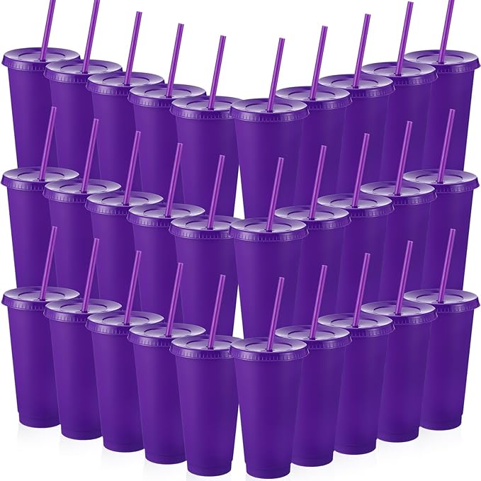 Honeydak 60 Pack Tumbler with Straw and Lid Bulk Water Bottle Iced Coffee Travel Mug Cup Reusable Plastic Cups for Party Birthdays 24-27 oz (Purple Color) - Bloomnest