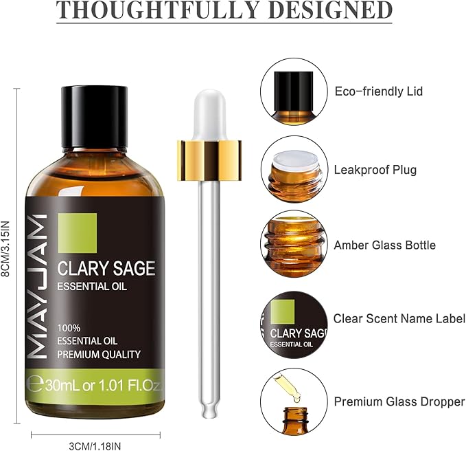 Clary Sage Essential Oil 30ML/1.01FL.OZ, MAYJAM Premium Clary Sage Oil Essential Oils with Glass Dropper, Great for Aromatherapy Diffuser and Candle Making - Bloomnest