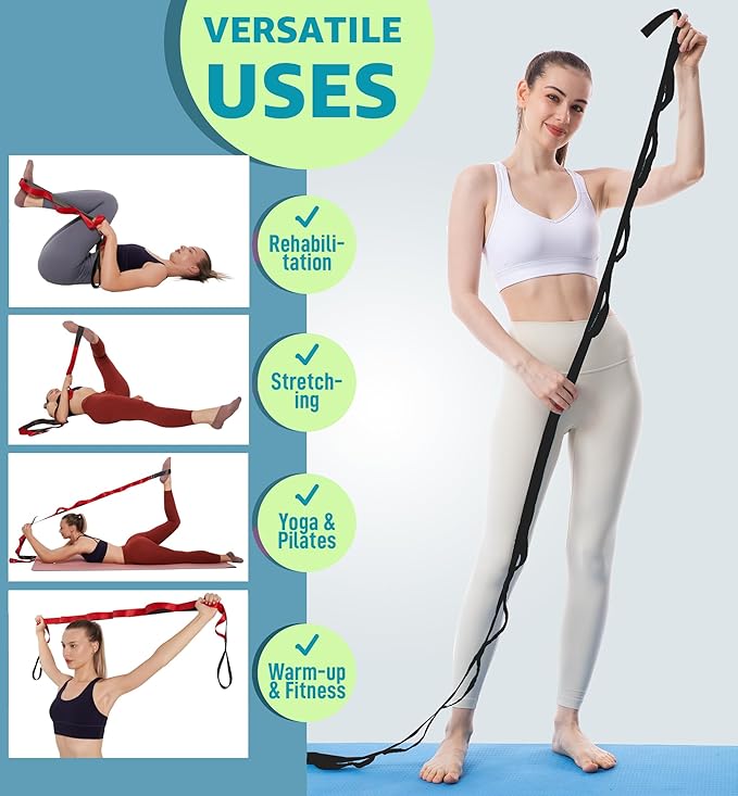 Gradient Fitness Therapy Stretching Belt, 12 Circle Multi Ring Stretching Belt (1.5 inches wide x 86.6 inches long), Therapy Equipment, Yoga Stretcher Strap,Leg Stretcher. Equipped with arch foot pads and pointed massage balls - Bloomnest
