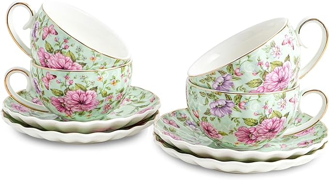 Tea Cup and Saucers, 6.4oz Floral Tea Cups with Gold Trim, Porcelain Teacup, Coffee Cappuccino Espresso Latte Mugs for Party Birthday,Party Cafe Home, Christmas Gift (Green) - Bloomnest