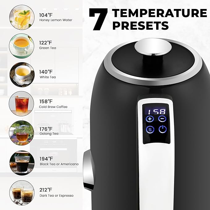 SUSTEAS Electric Kettle Temperature Control - 57oz Hot Water Boiler with Thermometer, 1500W Fast Heating Stainless Steel Tea Kettles, Cordless LED Indicator, Auto Shut-Off & Boil Dry Protection,Black - Bloomnest