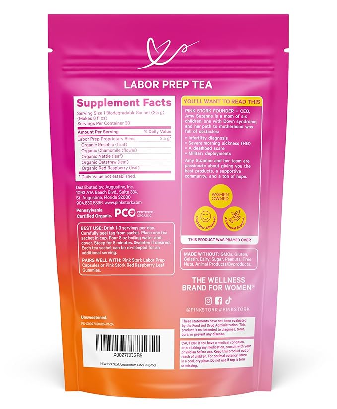 Pink Stork Organic Labor Prep Tea - Red Raspberry Leaf with Chamomile and Rosehip, Pregnancy Must Haves, Postpartum Essentials, Third Trimester - 15 Sachets - Bloomnest