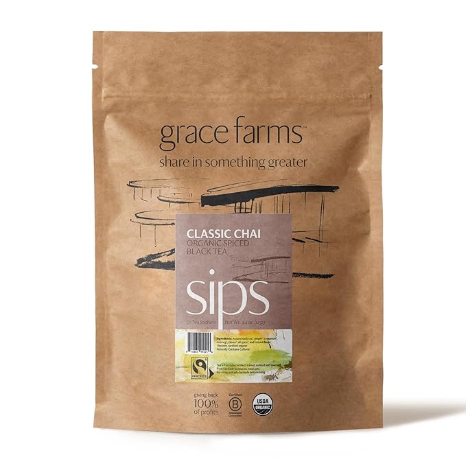Grace Farms Organic Classic Chai Black Tea, 50 Sachet Pouch | Ginger & Spices | Fairtrade & Kosher |Gives Back 100% of Profits - Bloomnest