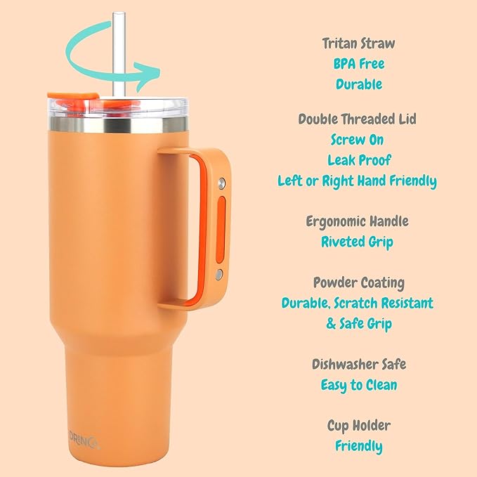 Drinco 40oz 30 oz Tumbler with Handle, Straw Lid, Insulated Stainless Steel Travel Mug Water Bottle Ice Coffee Cup For Cold and Hot, BigSur (30oz Cantagloupe)