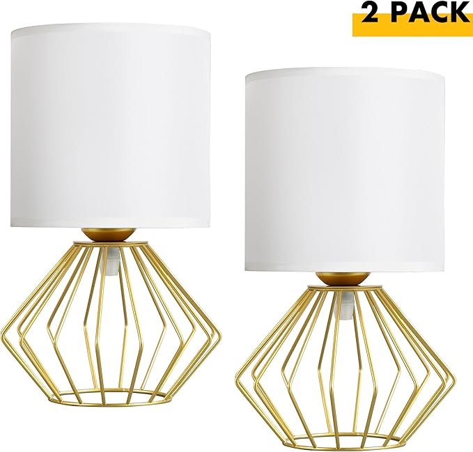 Hamilyeah Table Lamps Set of 2, Modern Bedside Lamps with White Fabric Shade, Industrial Night Stand Lamps with On/Off Switch, Gold Simple Lamp for Bedroom, Living Room - Bloomnest