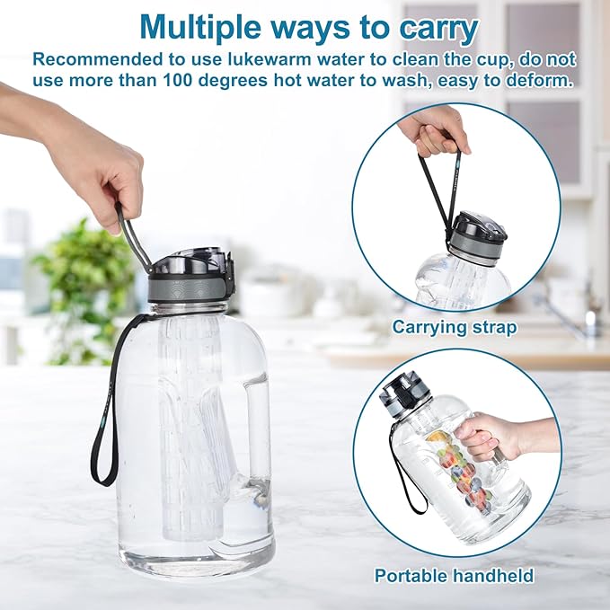 UTEBIT 74 OZ Fruit Infuser Water Bottle, Half Gallon Insulated Sports Water Bottle With Straw, 2.2L BPA Free Leak Proof Tritan Large Water Jug with Strap for Gym, Camping, Travel, Outdoor - Bloomnest