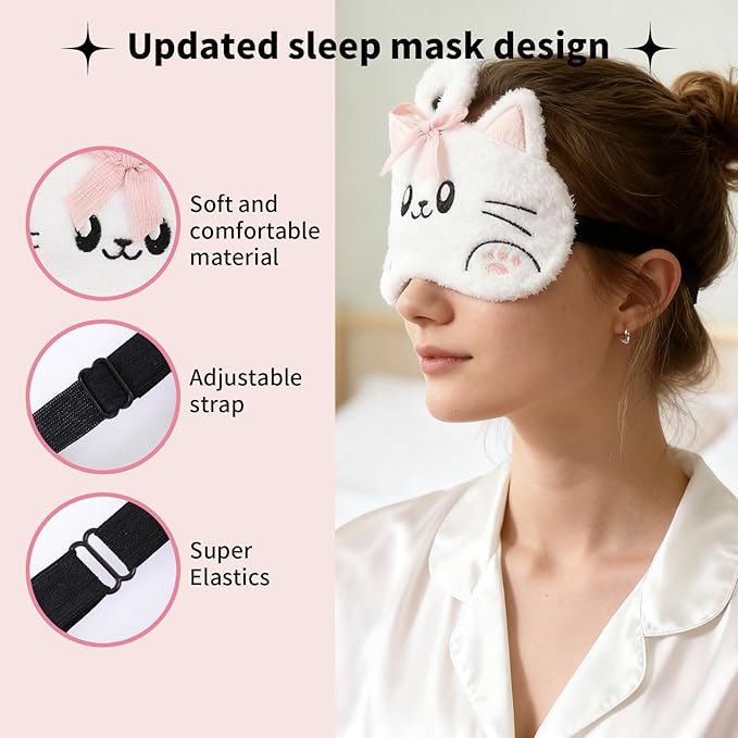 Cute Sleeping Mask, Cat Soft Plush Fluffy Sleep Mask Funny Cartoon Kittens Dog Blindfold Novelty Eye Cover Eyeshade Shade for Kids Girls and Adult Travel (White+Brown) - Bloomnest