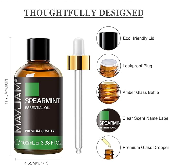 Spearmint Essential Oil, MAYJAM Pure Essential Oils for Diffusers, 3.38FL.OZ/100ML Large Volume Spearmint Oil for Facial Hair with Premium Glass Dropper - Bloomnest