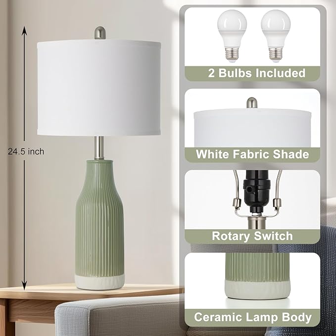 24.5" Ceramic Table Lamps Set of 2, Modern Farmhouse Bedside Lamps for Bedroom Nightstand, Small Light Green Lamp for Living Room End Table (2 LED Bulbs Included) - Bloomnest