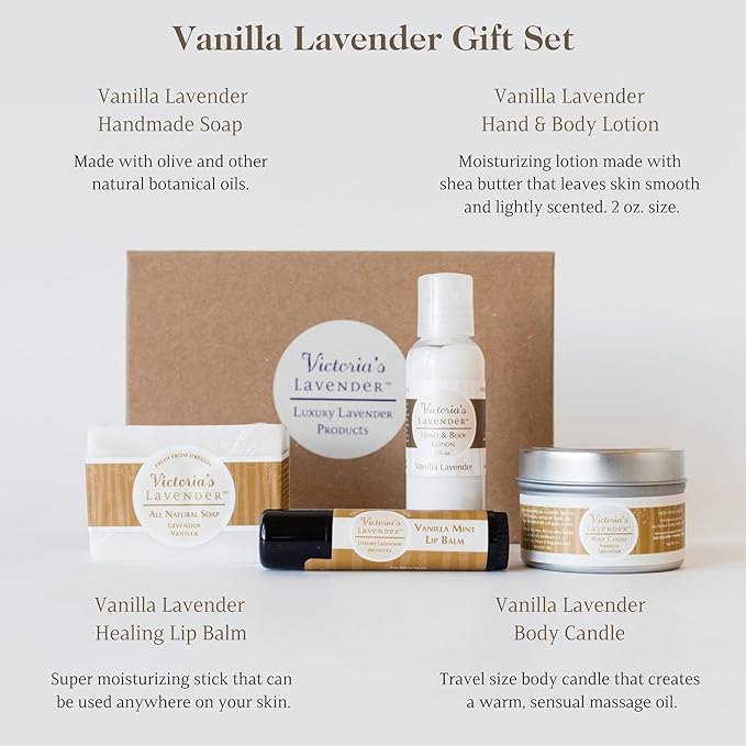 Victoria's Lavender Natural Body Products Gift Set - Handmade Soap, Lotion, Lip Balm, Body Candle Skin Care Sets & Kits, Made in the USA Lavender Bath Products for Women, Vanilla Lavender - Bloomnest