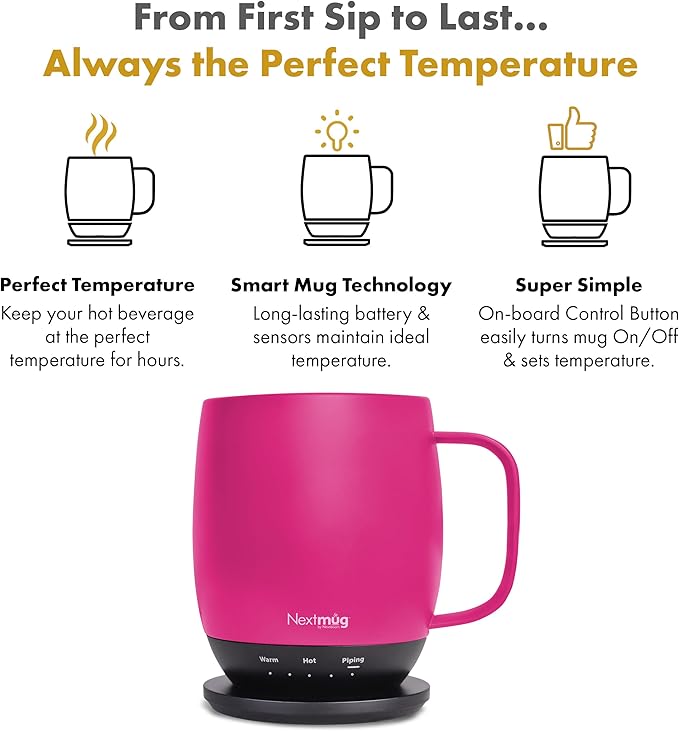 Nextmug - Temperature-Controlled, Self-Heating Coffee Mug (True Pink - 14 oz.) - Bloomnest