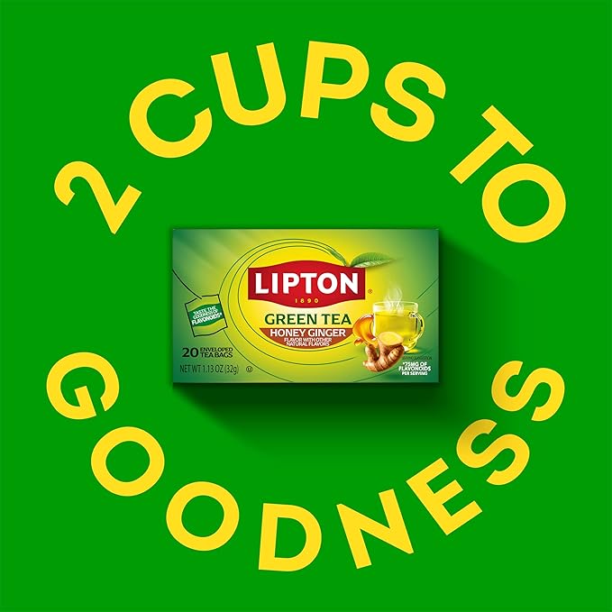 Lipton Honey Ginger Green Tea Bags 20-Count Flavored Unsweetened Hot or Iced Tea with Caffeine Flavonoids Natural Zesty Ginger Honey Aroma Rainforest Alliance Certified - Bloomnest