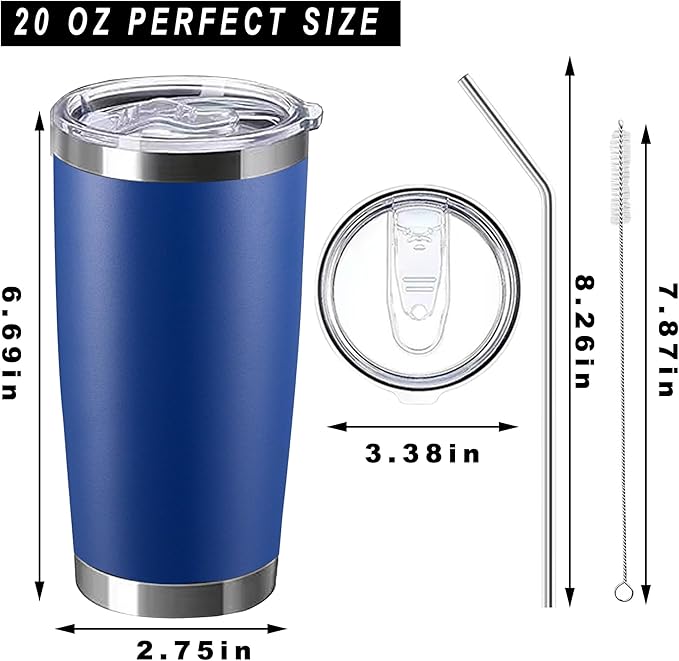 20oz insulted tumblers stainless steel cup Tumbler Bulk with push Lid, and metal straw powder coated coffee cup for cold and hot drinking (48, dark blue) - Bloomnest