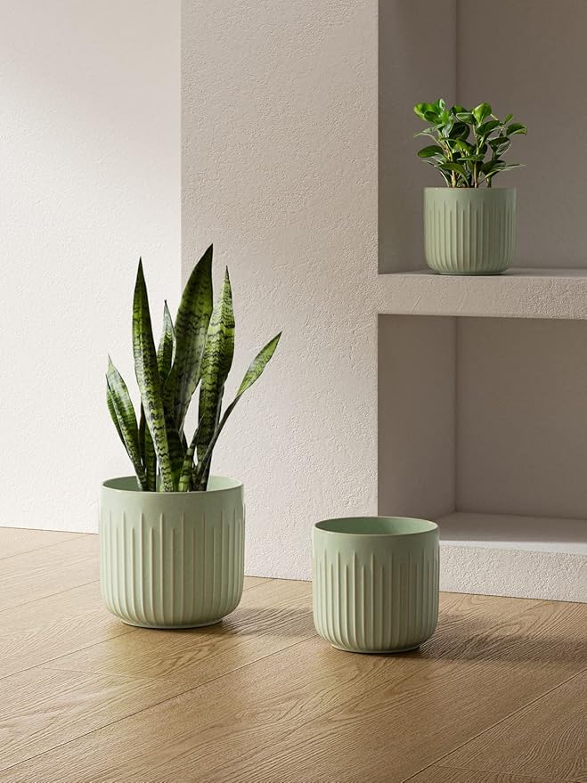 LE TAUCI Fluted Ceramic Planters Set of 3 – 8.3/7 / 5.7 in Sage Green Reactive Cylinder Indoor Plant Pots with Drainage Plug & Mesh, Glossy Stoneware Flower Pots for Succulents Herbs - Bloomnest