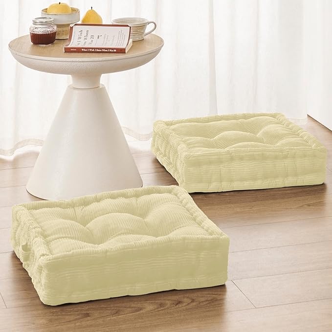 Wellsin Square Floor Pillows for Adults Kids - Meditation Floor Pillow Seating Cushion - Tufted Floor Cushion with Shredded Foam & Velvet Cover, 1 Pack, 20x20 Inch, Beige