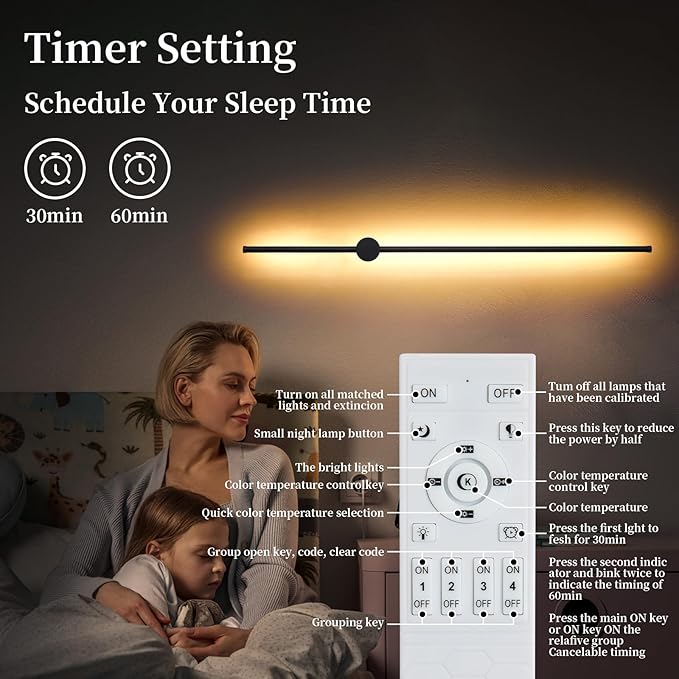 Dimmable Plug in Wall Sconce Set of 2,Black 39.37" LED Wall Light with Remote,Adjustable Color Temperature Brightness,Wall lamp with Timer for Living Room,Bedroom and Accent Lighting - Bloomnest
