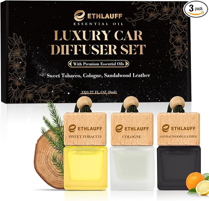 Car Air Freshener Hanging 3 Pack, Air Fresheners Diffuser - Leather, Cologne, Sweet Tobacco Fragrance Oil Air Diffuser for Men, 45+ days Long Lasting Fragrance 0.27 FL OZ/8ML - Bloomnest