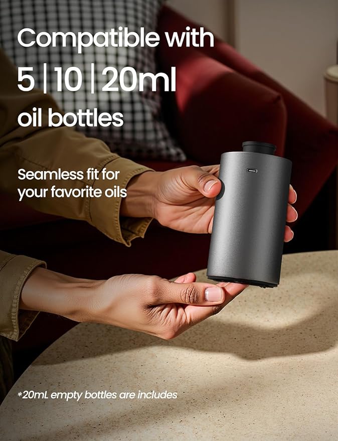 Waterless Essential Oil Diffuser, Rechargeable Scent Diffusers with 3 Mist Levels & Timers, Portable Aromatherapy Diffuser for Home Car Room Studio Office, Iron Grey Metal - Bloomnest