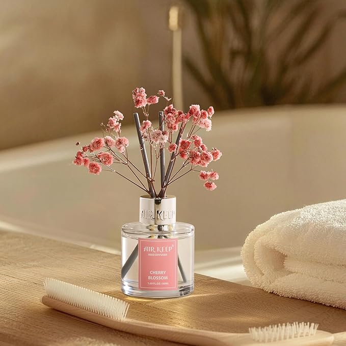 Airkeep Reed Diffuser Set,1.69 fl oz (50 ml) - Cherry Blossom Oil Diffusers with 8 Reed Sticks,Home Fragrance Reed Diffuser for Bathroom Shelf Decor - Bloomnest